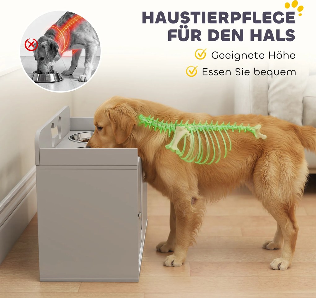 PawHut Podwyższona stacja karmienia z 2 miskami i szafką, MDF, stal nierdzewna, motyw kości, szary