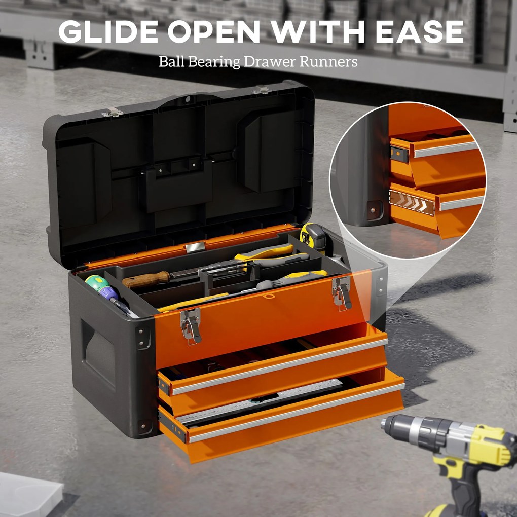 HOMCOM Pusta Skrzynka na Narzędzia, 49,7 x 25,3 x 28,9 cm, Skrzynka z Szufladą i Mini-Skrzyneczką, Stal Pomarańczowa