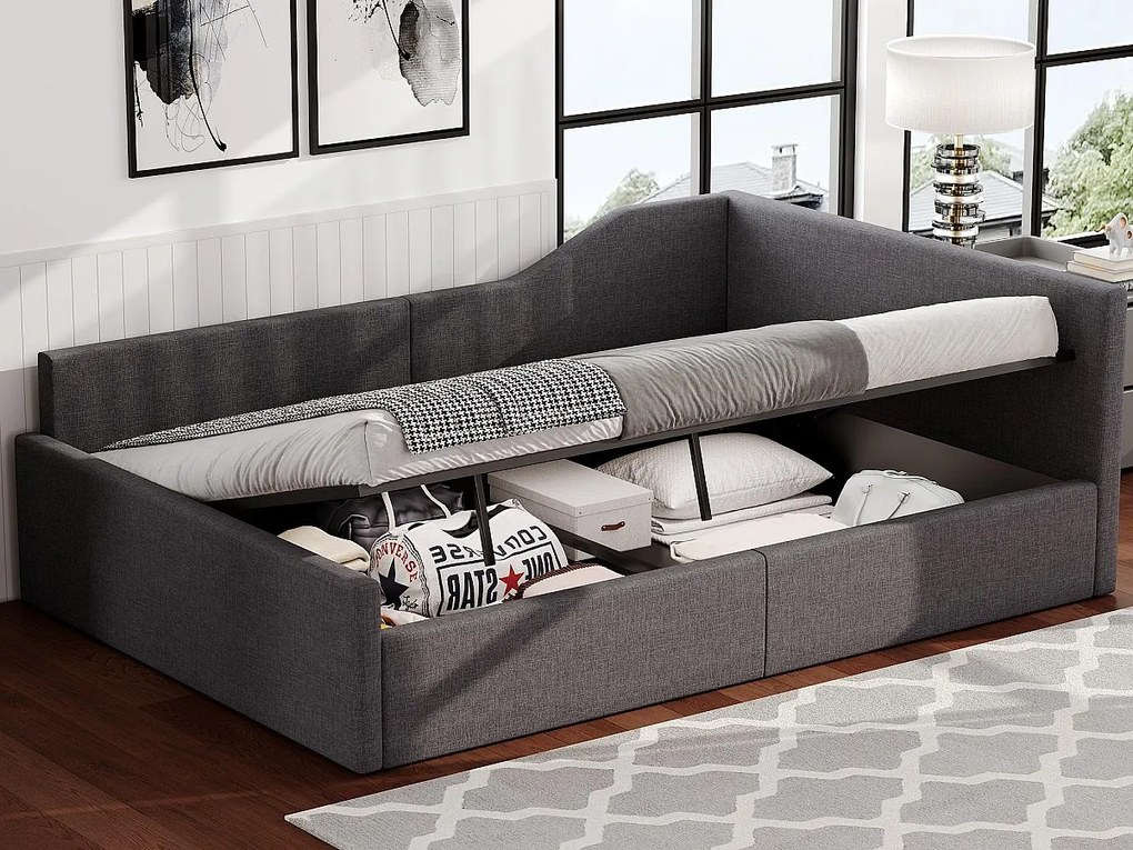 Rozkładana kanapa tapicerowana 140×200 cm - ze schowkiem - z łóżkiem listwowym - MDF+len - szara
