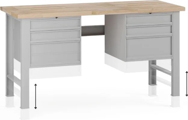 Stół warsztatowy z regulacją wysokości G7, blat bukowy, 1700 x 685 x 840-1040 mm, 2x kontener, 6x szuflada, szary
