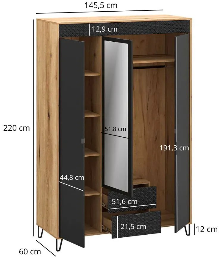 Szafa trzydrzwiowa z lustrem na nóżkach dąb evok + czarny Z8-P86