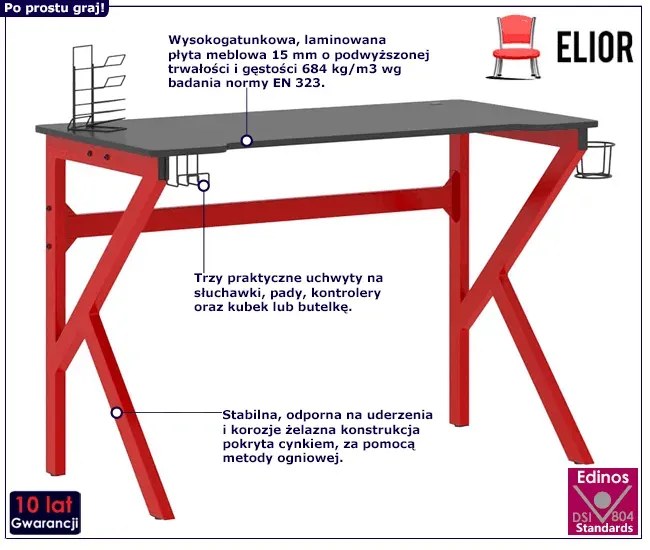 Czerwono-czarne biurko dla graczy z uchwytami - Higo