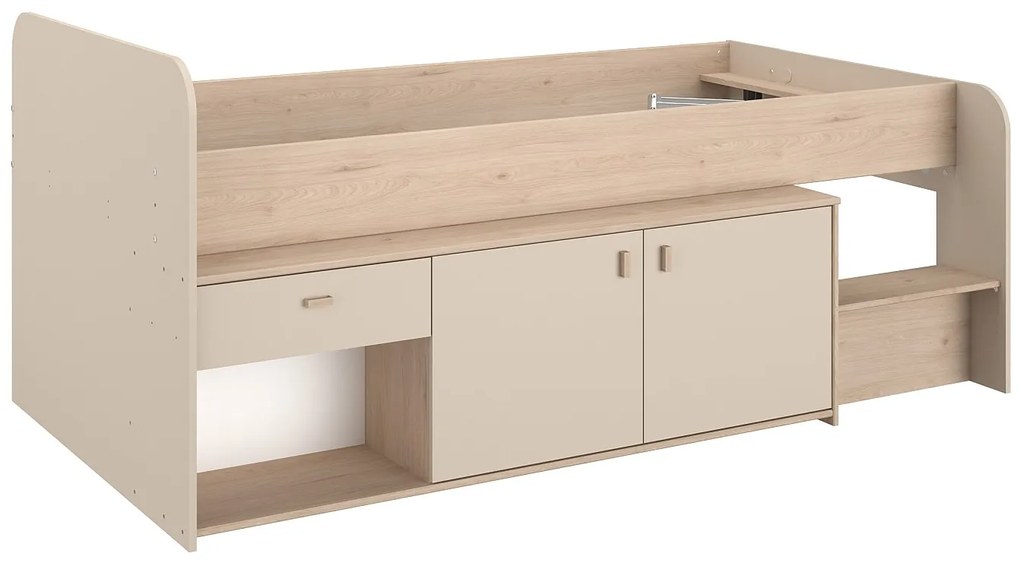 Łóżko podwyższone 90 x 190/200 cm ze skrzynią  - Beżowe i naturalne + Stelaż - LUNOBI
