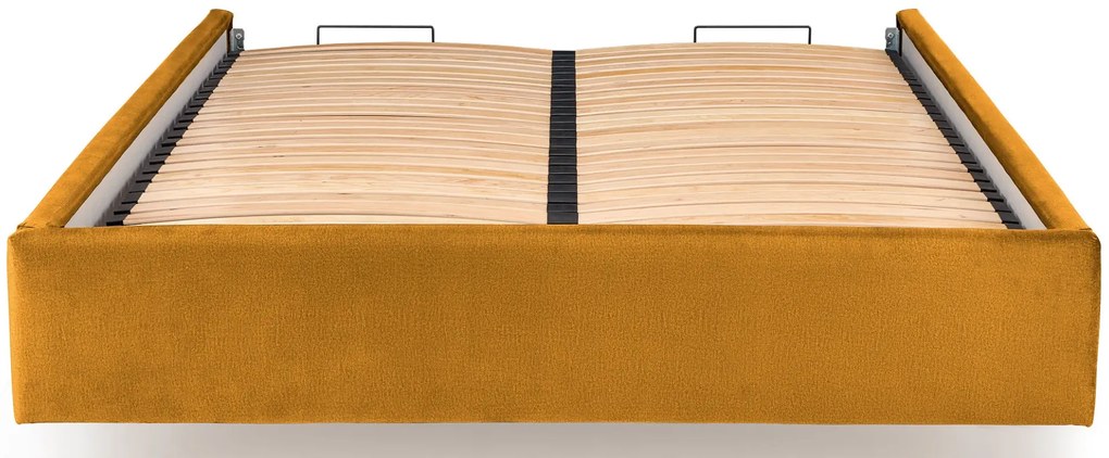 Musztardowy korpus łóżka tapicerowanego welurem R6-P67