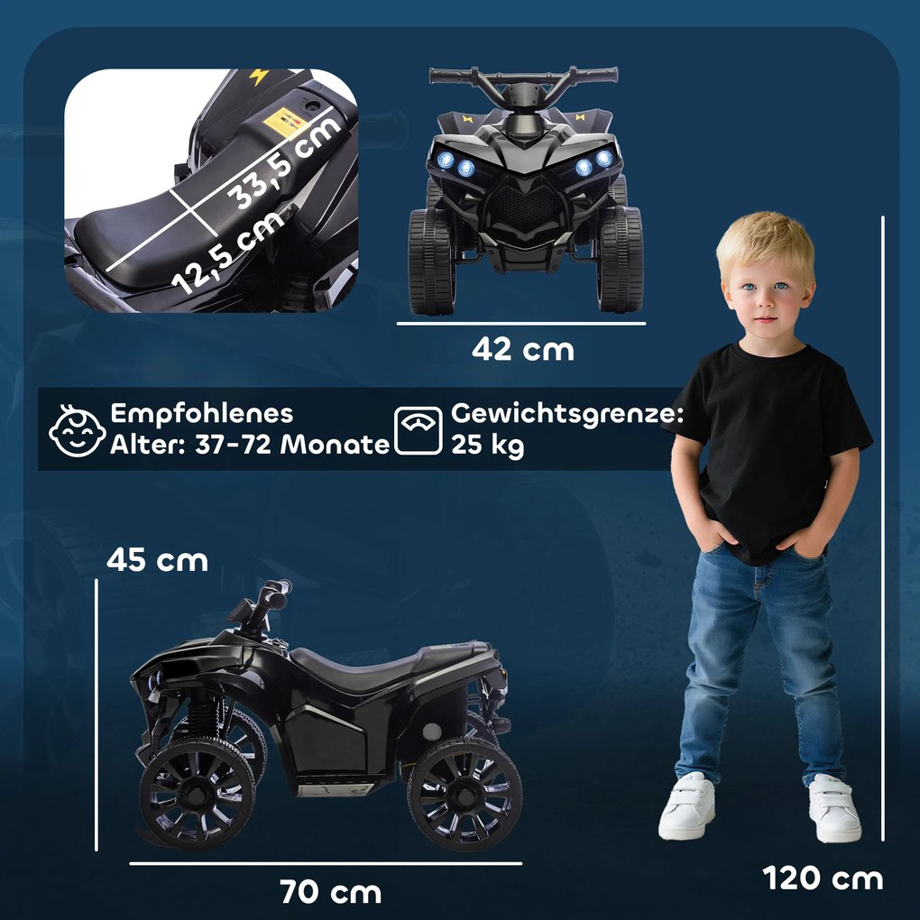 AIYAPLAY Quad dziecięcy elektryczny 6 V quad dla dzieci z funkcją przód/tył, muzyką, reflektorami LED Czarny