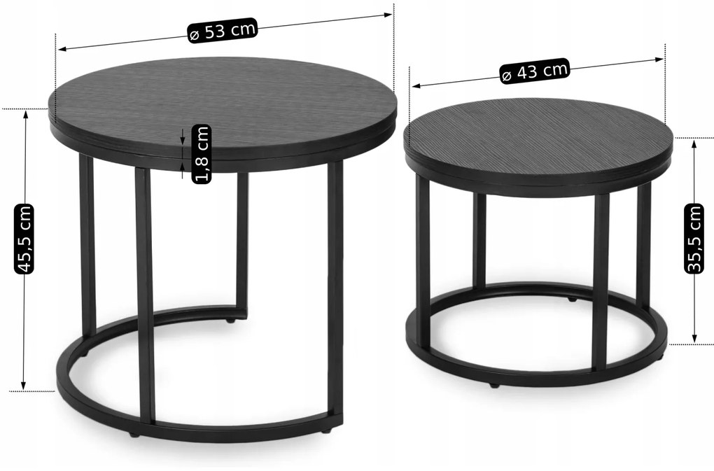 Zestaw Stolików Kawowych MANU 43 cm/53 cm Czarny Nowoczesny Loft