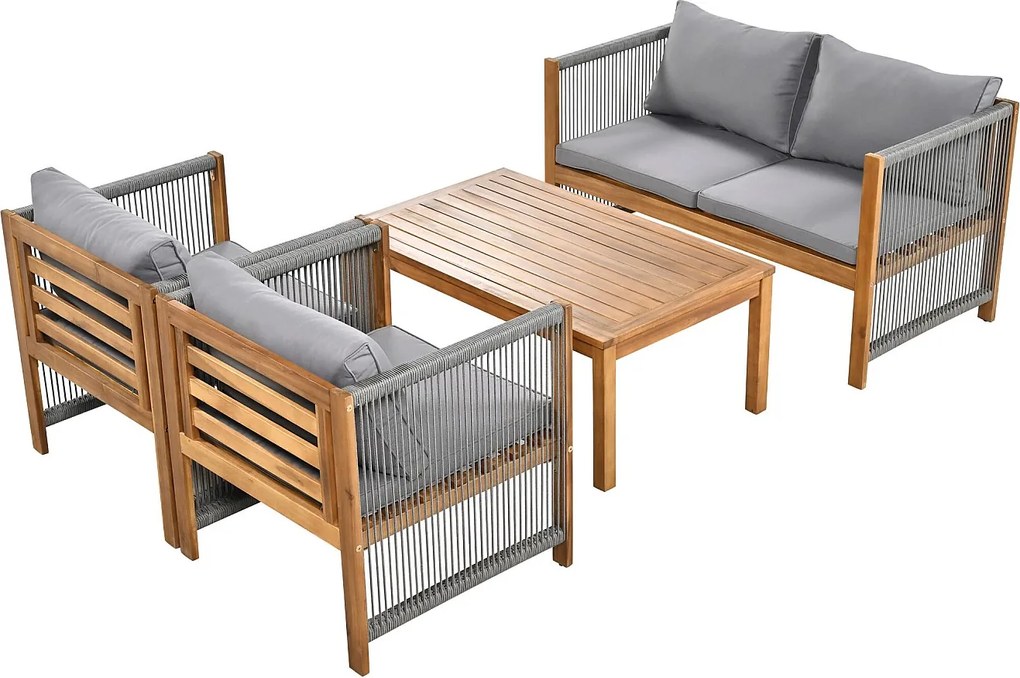 Zestaw mebli ogrodowych modułowych 4-osobowych z drewna akacjowego: 1 sofa 2-osobowa + 2 fotele + 1 stolik kawowy - Szary + naturalny