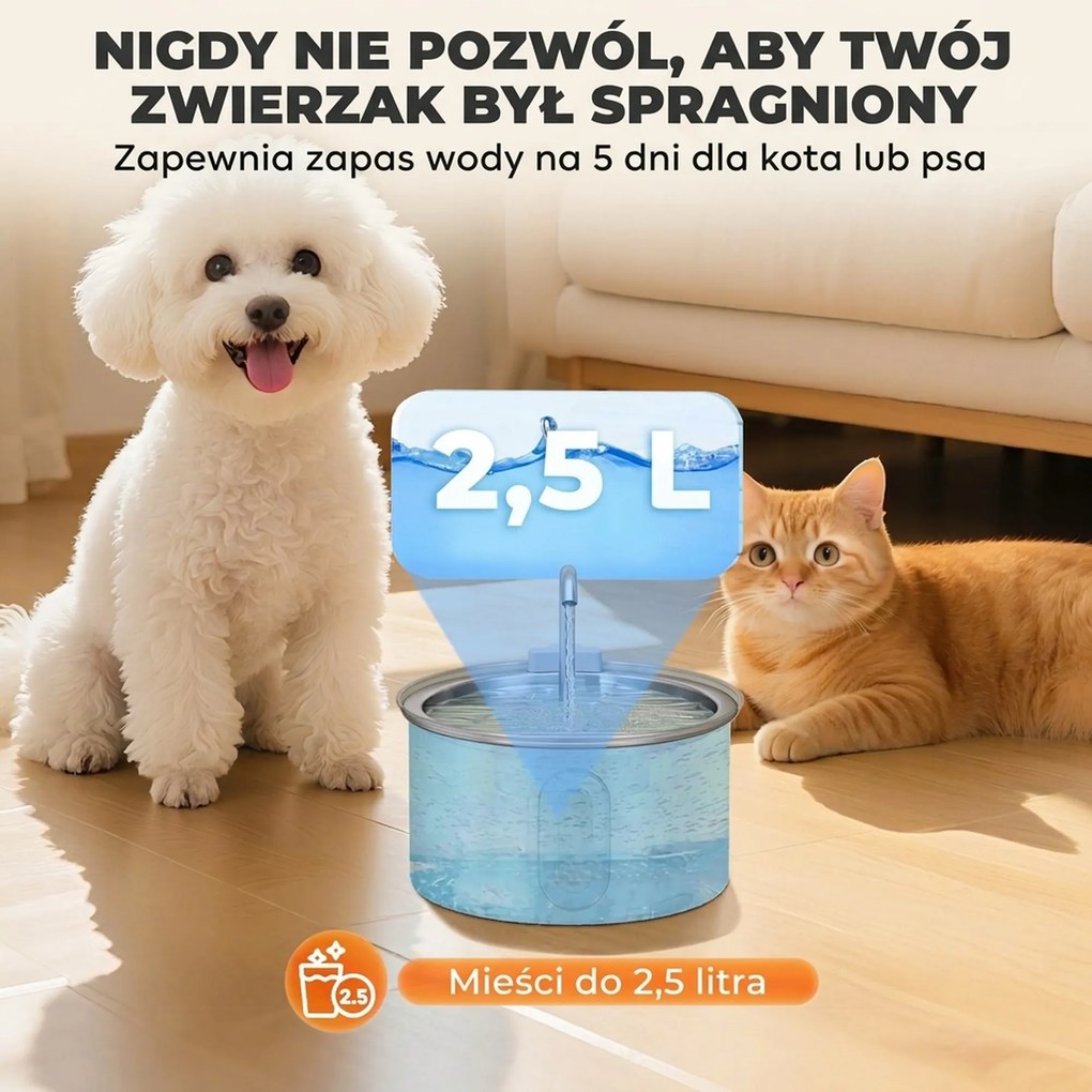 PawHut Fontanna dla kotów 2,5L z Cichą Pompą, Filtr węglowy LED 19,4 x 19,4 x 18,7 cm