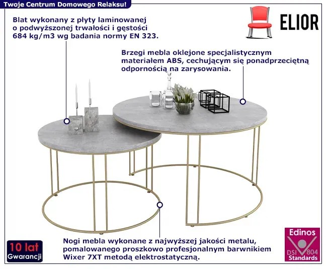 Zestaw dwóch stolików kawowych złoty + beton - Eksa 3X