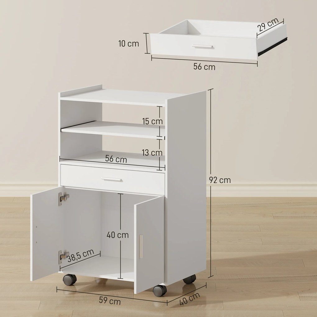 HOMCOM Szafka na mikrofalówkę, półka, szafa z podwójnymi drzwiami, szuflada, kółka, biały