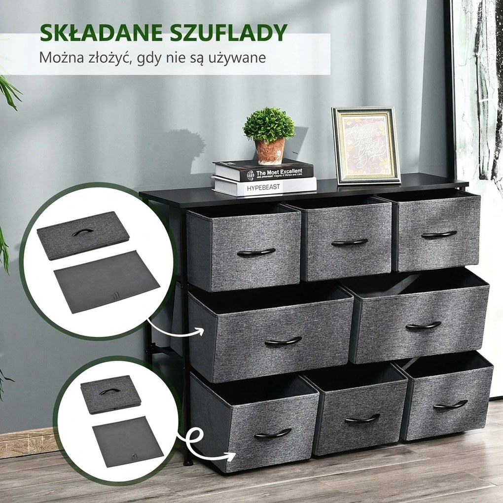 HOMCOM Komoda z 8 Szufladami z Tkaniny, 2 Duże, 6 Małe, Ramą Metalową, Zabezpieczenie Przed Przewróceniem, Szara