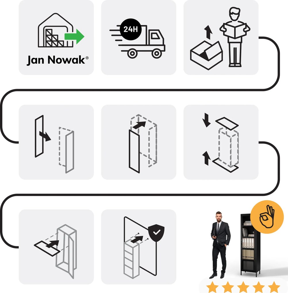 Witryna szklana do salonu wąska metalowa czarna LUIGI Modern 500 x 1800 x 350 mm