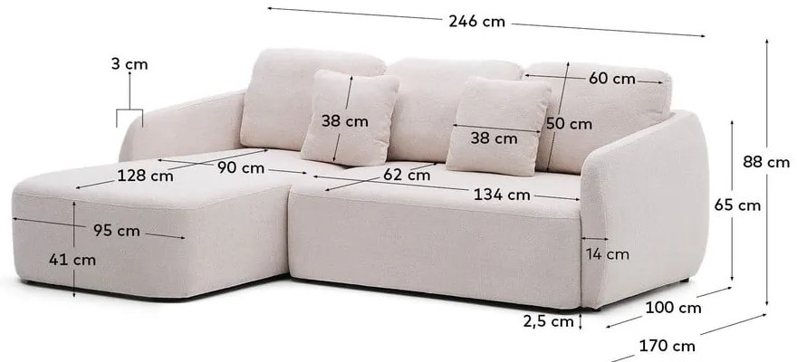 Kremowy rozkładany narożnik z tkaniny szenilowej (lewostronny/z szezlongiem) Laira – Kave Home