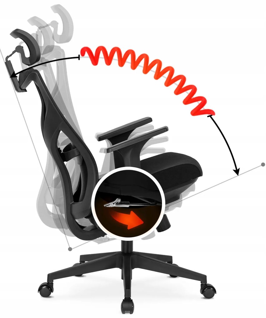 Fotel Biurowy Ergonomiczny Obrotowy SPIRAL Czarny z Zagłówkiem do Pracy