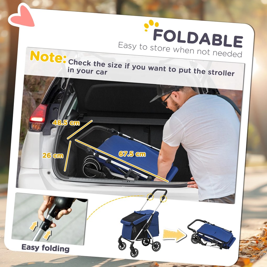 PawHut Wózek dla psów, lekki i składany transporter dla małych psów, zdejmowana poduszka, okna z siatki, Ciemnoniebieski