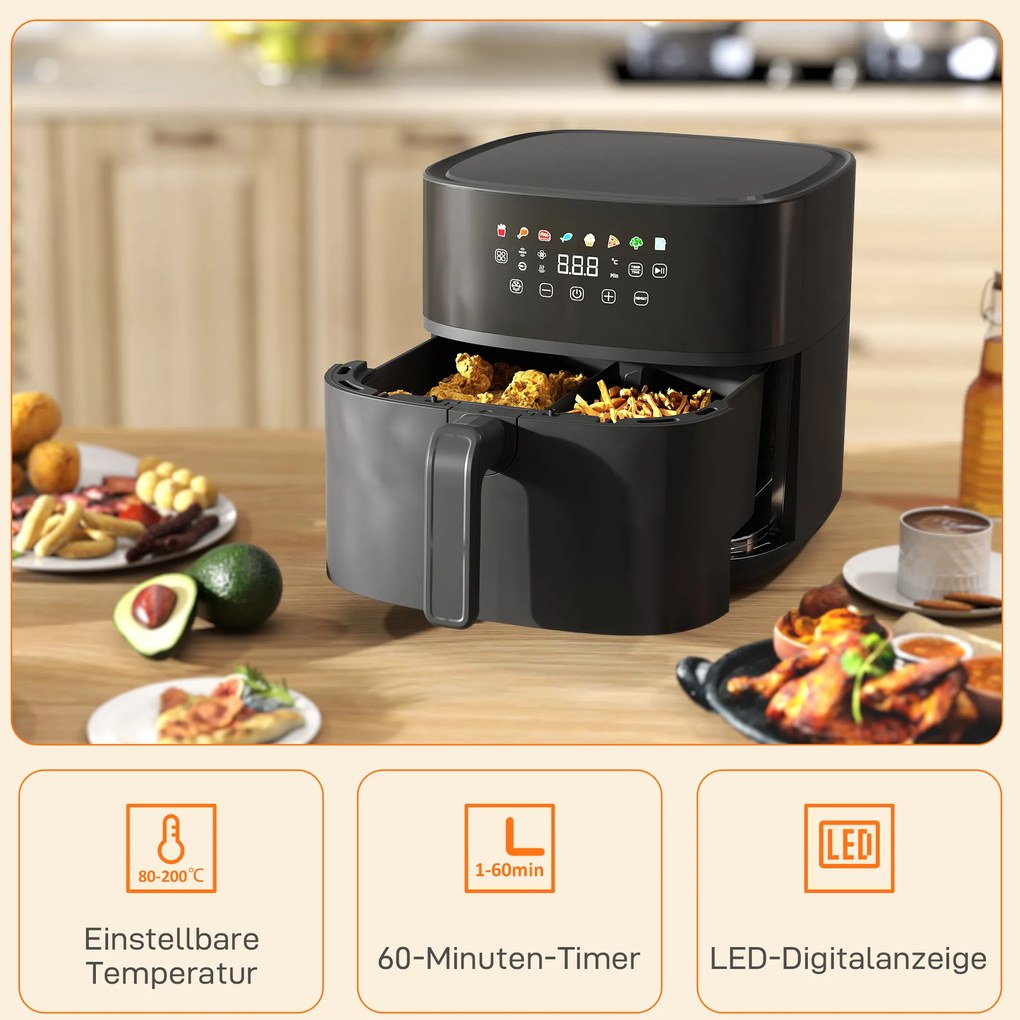HOMCOM Frytkownica na gorące powietrze, Air Fryer, 8 programów, 8 litrów, ekran LED, Czarny
