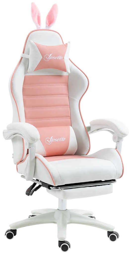 Vinsetto Gamingowy Fotel Ergonomiczny z Podparciem Lędźwiowym, Podnóżkiem i Zabawnymi Uszami Królika, Poduszką, Różowy