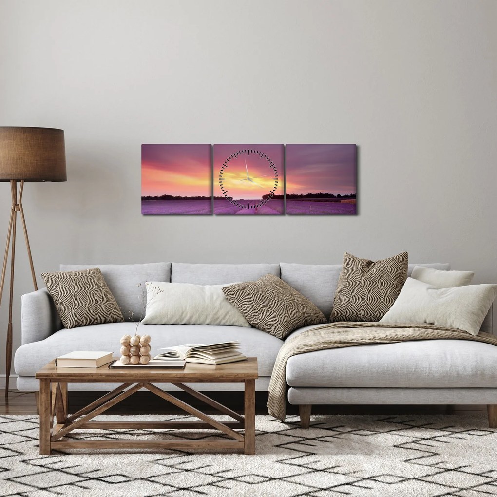 Obraz - Pole lawendy (z zegarem) (90x30 cm)