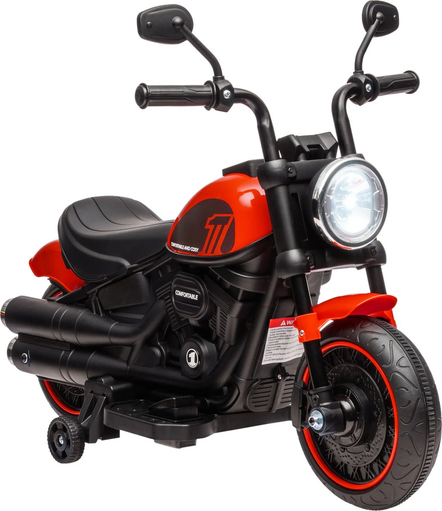 HOMCOM Elektryczny motocykl dla dzieci z reflektorem, demontowalne koła boczne, 76x42x57 cm, Czerwony/Czarny