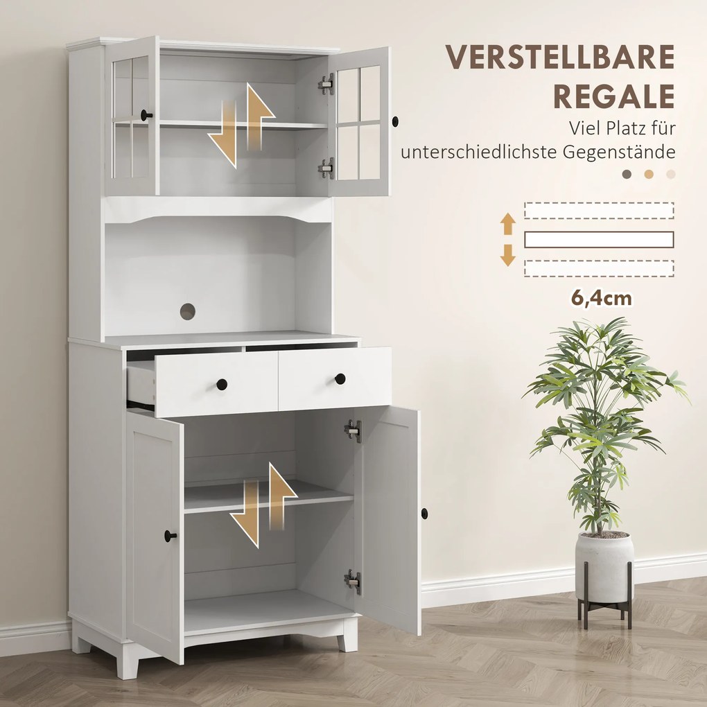 HOMCOM Kuchenna szafka z drzwiami szklanymi, 2 szuflady, szafka na naczynia, szafka do jadalni, drewno, 68 x 39,5 x 170 cm, biały