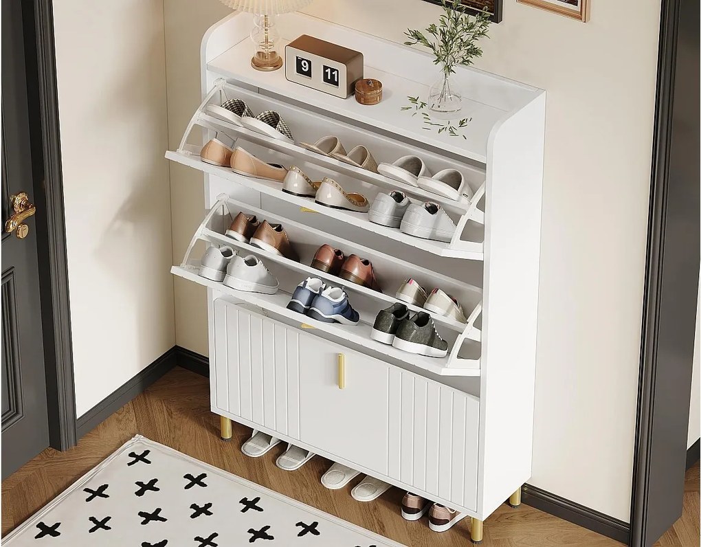 Szafa na buty 80x23,5x123,5 cm - z 3 klapami - z 6 regulowanymi przegródkami - biały