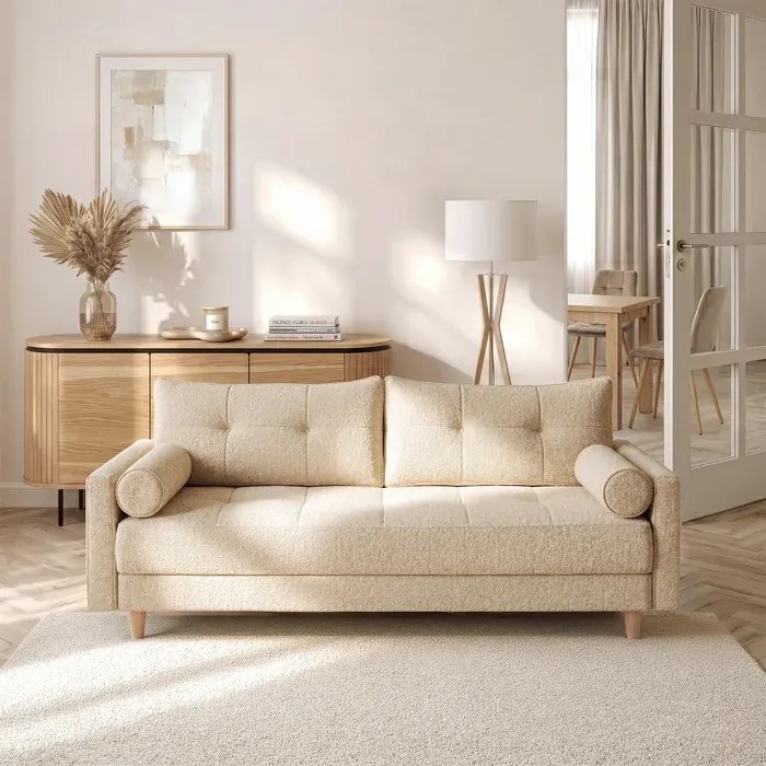 Sofa z Funkcją Spania LONAR Beżowa Boucle Japandi