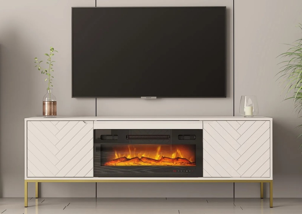 Szafka RTV z kominkiem Aspen 02 biały mat/złoty 180 cm
