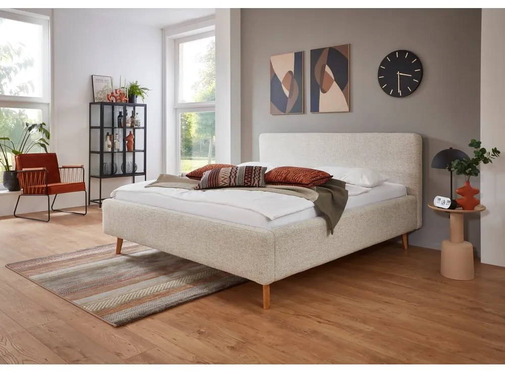Szare/beżowe tapicerowane łóżko dwuosobowe ze schowkiem ze stelażem 180x200 cm Mattis – Meise Möbel