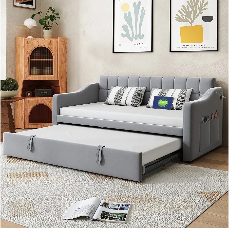 Sofa rozkładana 90/180x190 cm, jasnoszary aksamit, z wysuwanym łóżkiem i gniazdem USB – bez materaca