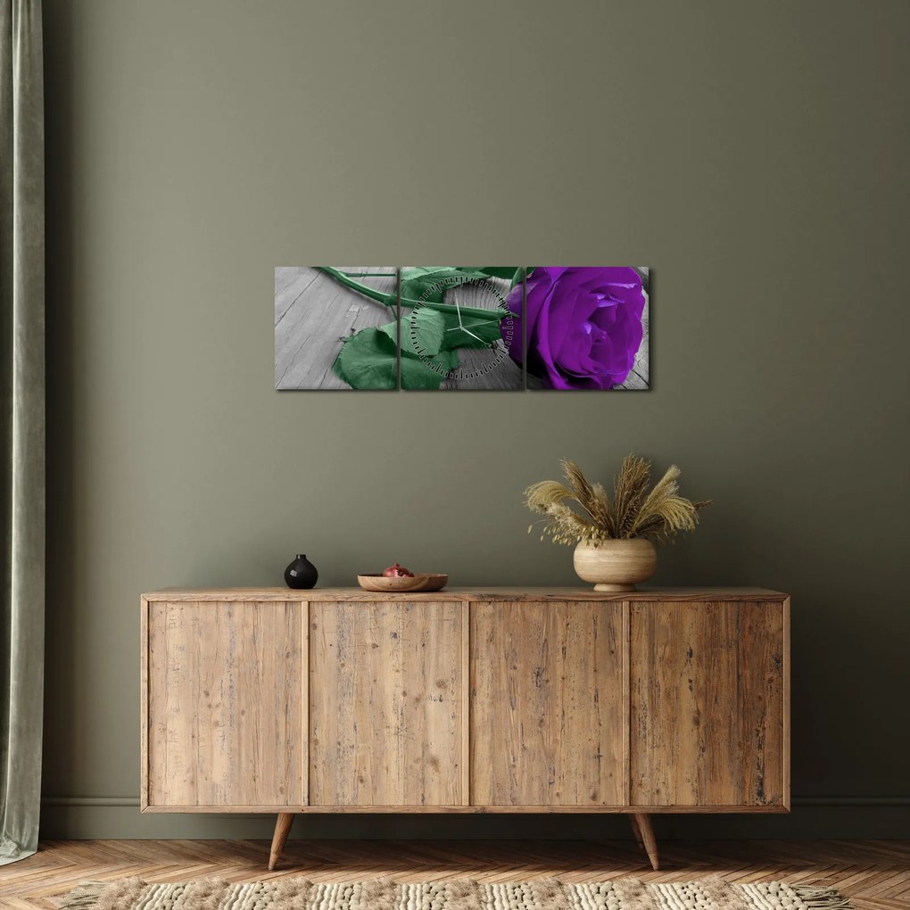 Obraz - Fioletowa róża z zieloną łodygą (z zegarem) (90x30 cm)
