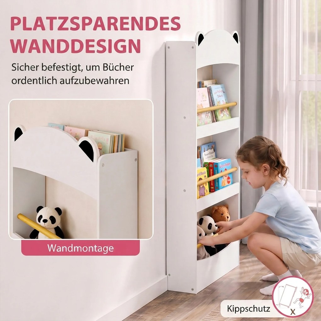 AIYAPLAY Regał na książki dla dzieci, montowany na ścianie regał dziecięcy z 4 poziomami, regał ścienny w kształcie misia, 50 x 15 x 97 cm Biały | Aosom PL