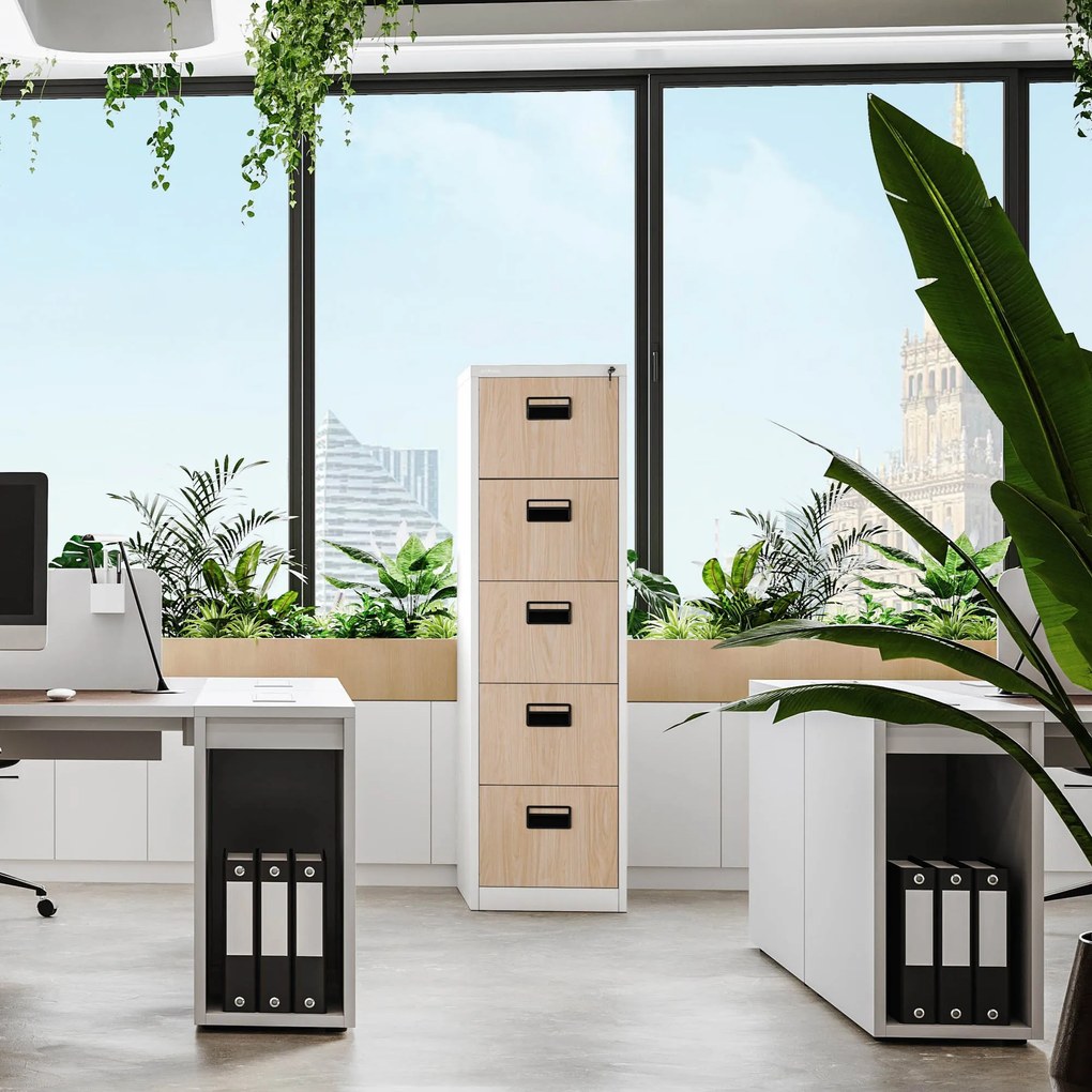 Szafa kartotekowa metalowa z 5 szufladami biała/dąb sonoma, 460x1625.5x620 mm: SARA Eco Design