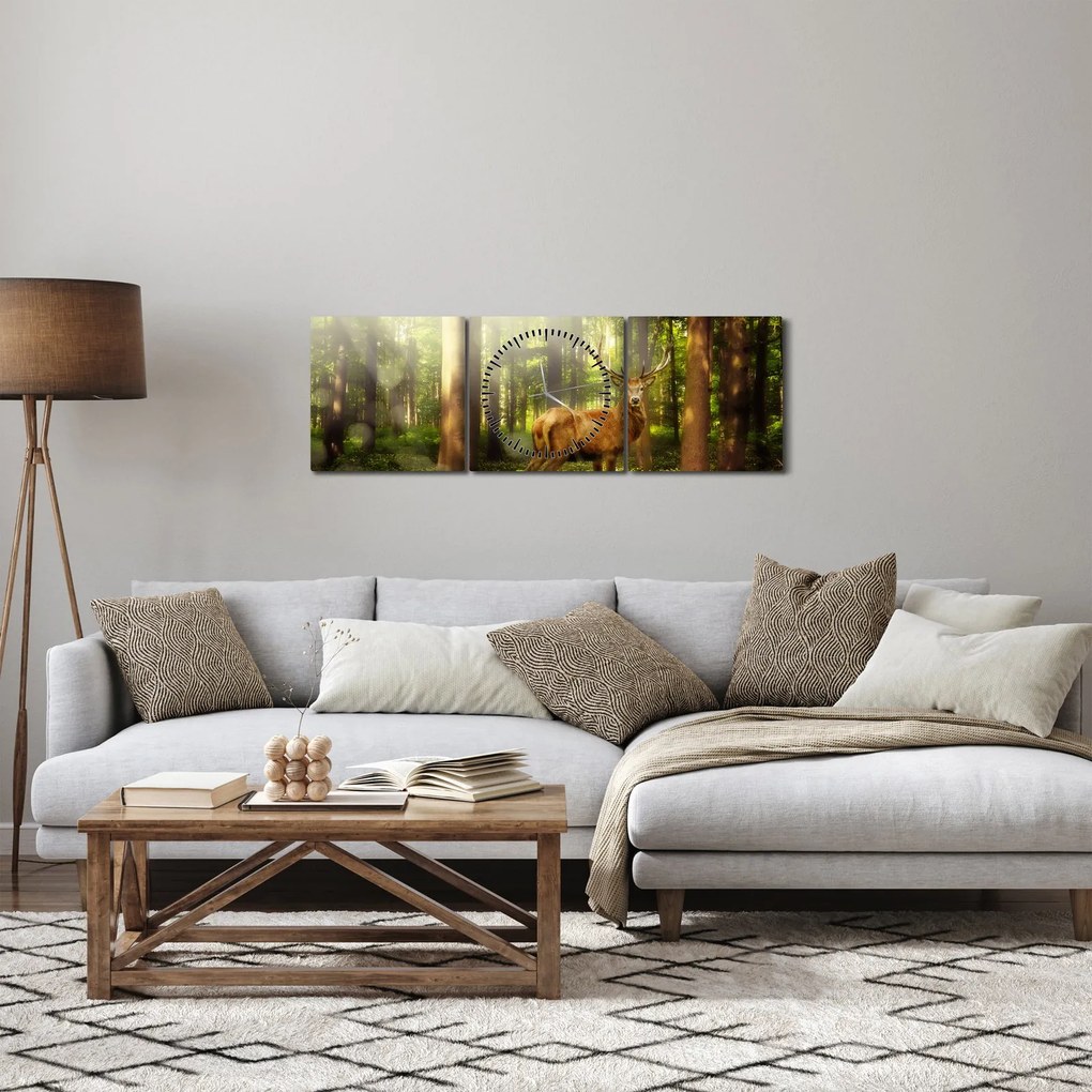 Obraz jelenia w lesie (z zegarem) (90x30 cm)