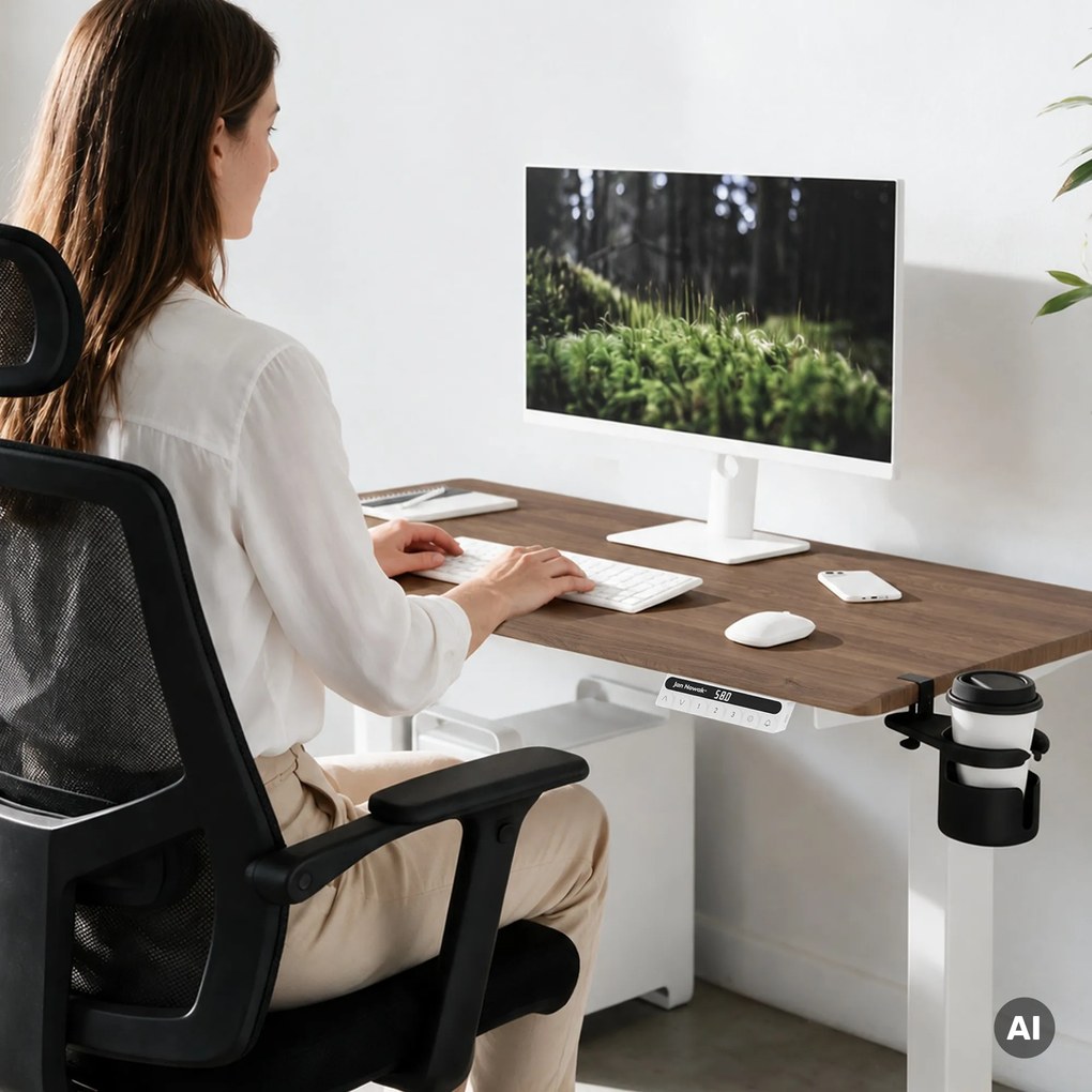 Biurko elektryczne z regulacją wysokości ergonomiczne białe/orzech,1200x600 mm: ARIA