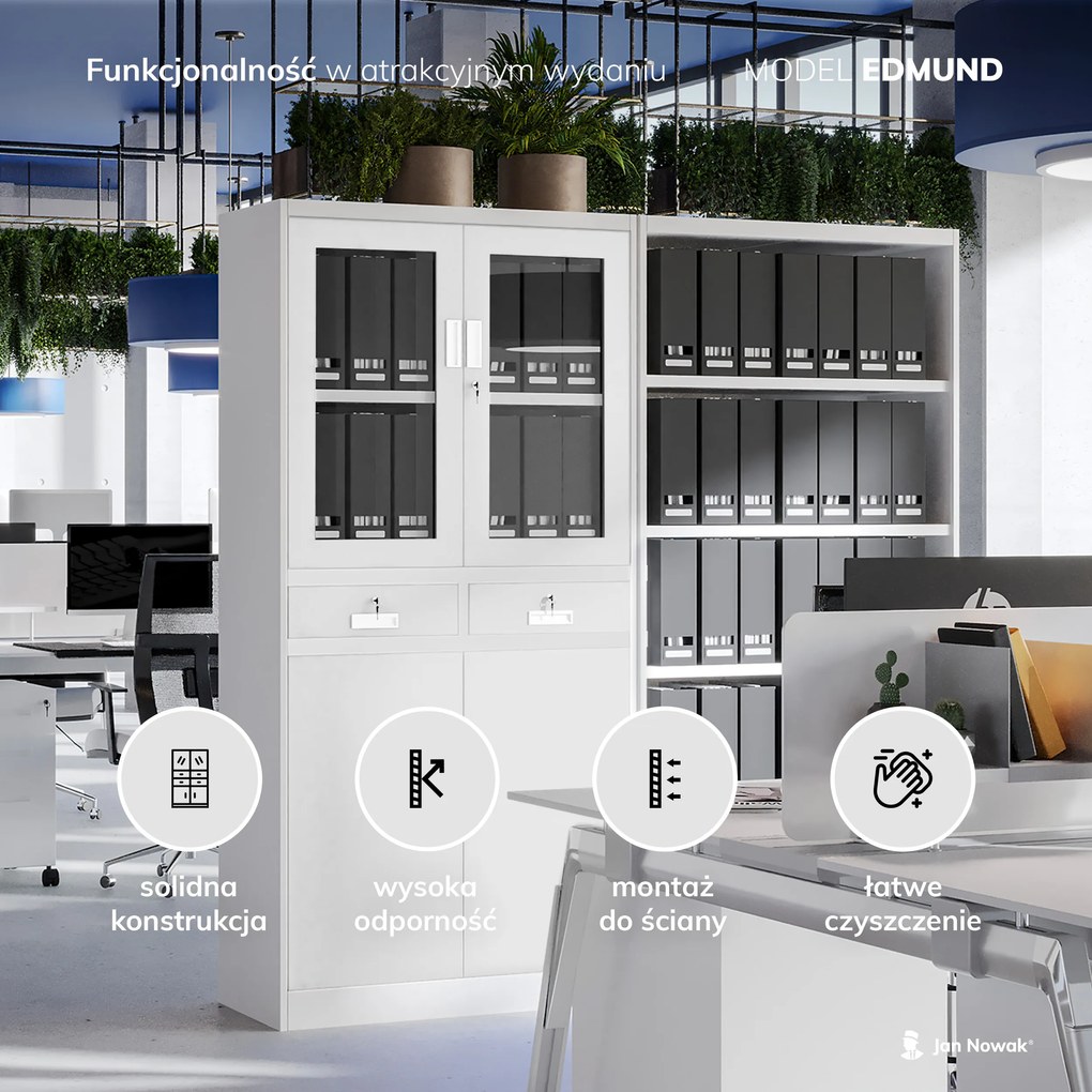 Biurowa przeszklona szafa metalowa na akta z szufladami EDMUND, 900 x 1850 x 400 mm, szara