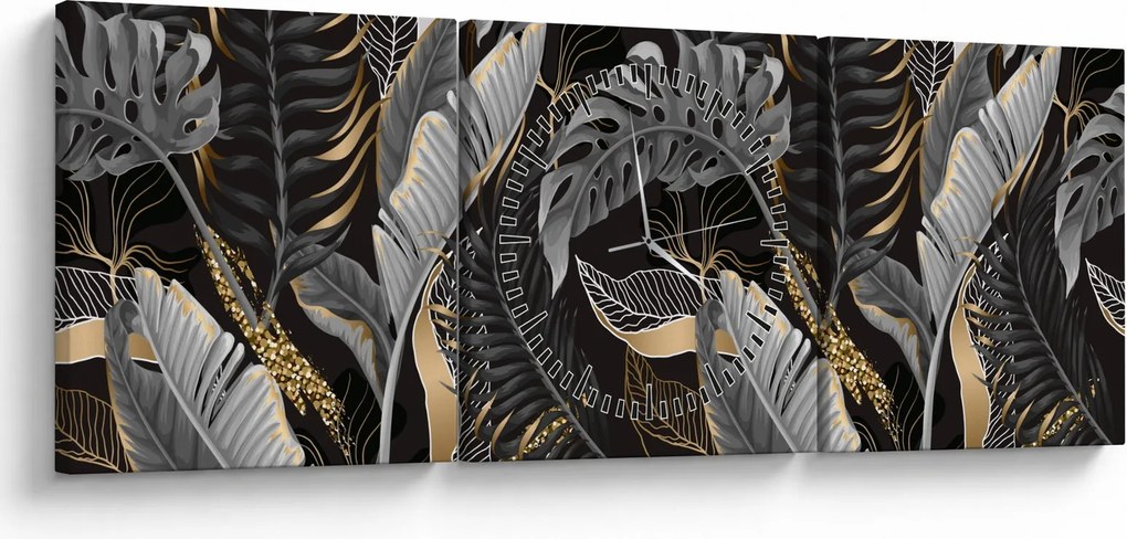 Obraz - Tropikalne liście w kolorze czarno - złotym (z zegarem) (90x30 cm)