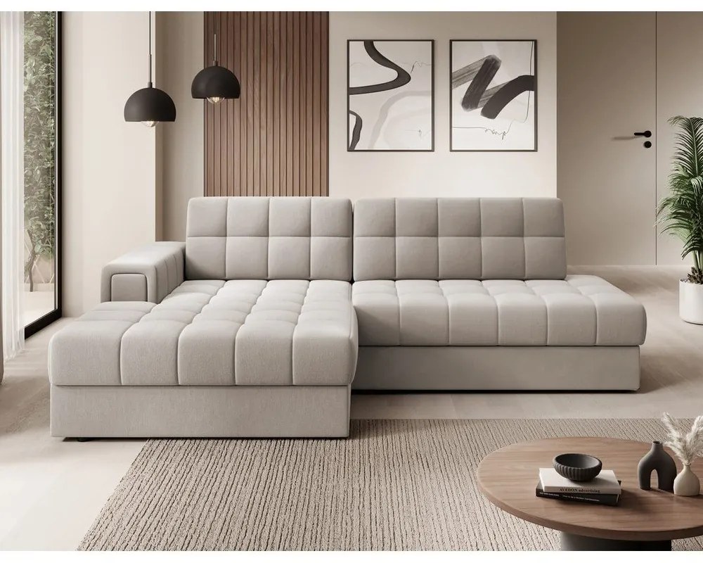 Beżowy aksamitny rozkładany narożnik (lewostronny/z szezlongiem) Blezalt – ELTAP