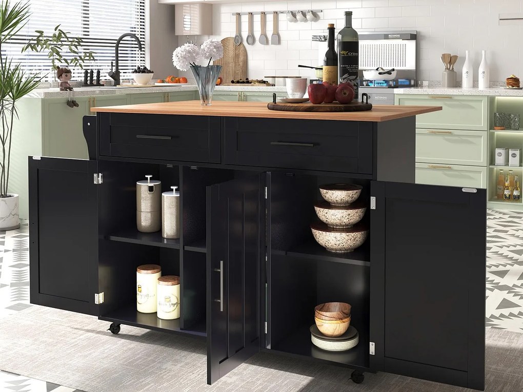 Wyspa kuchenna z 2 szufladami - Rozsuwany blat - nogi na kółkach lub z litego drewna - Czarny