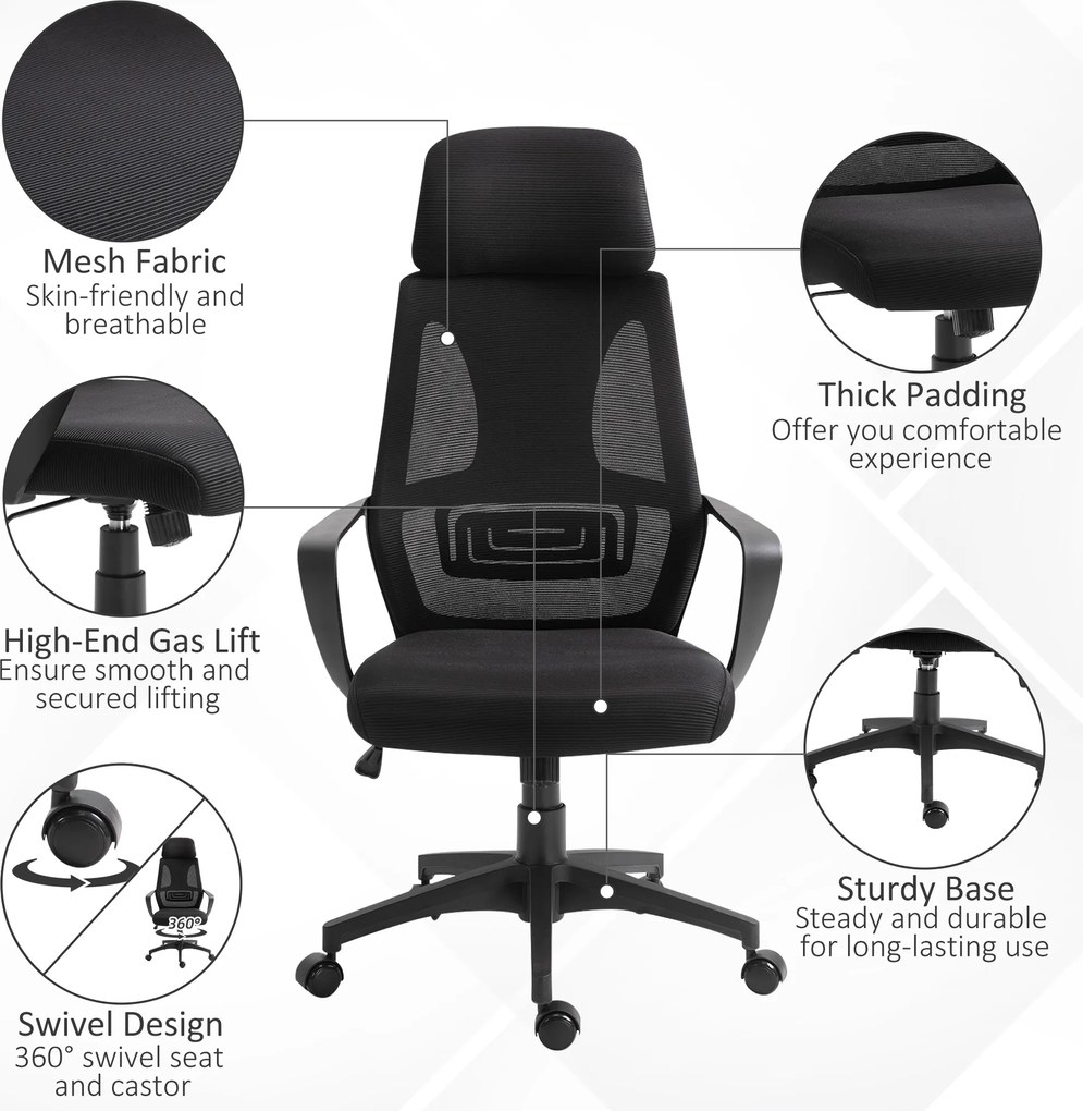 Vinsetto Krzesło Biurowe, Krzesło Biurkowe z Funkcją Bujania, Regulowane z Podparciem Głowy, Wsparciem Lędźwiowym - Czarny