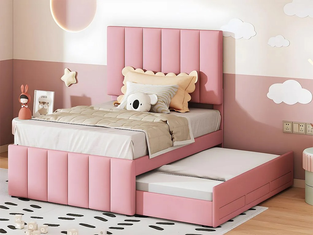 Łóżko tapicerowane lniane 90x200cm - z łóżkiem wysuwanym na kółkach i 3 szufladami - Różowe