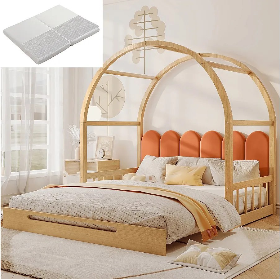 Łóżko kabinowe 140x200 cm - Łóżko wysuwane z listwowym stelażem - naturalna sosna i pomarańcz - materac w cenie