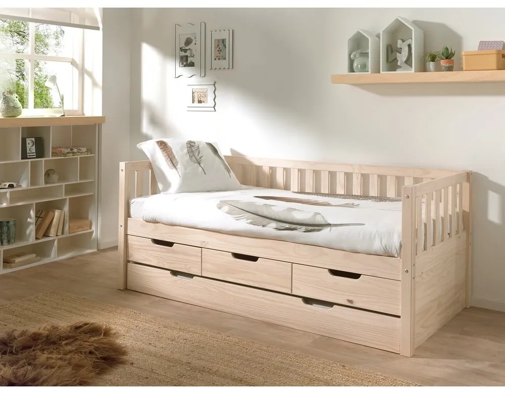 Łóżko dziecięce z litego drewna sosnowego z wysuwanym łóżkiem, schowkiem i stelażem 90x200 cm w Fritz – Vipack