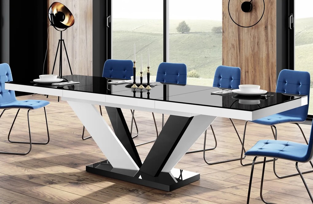 Rozkładany stół z czarnym blatem na biało-czarnej nodze w wysokim połysku Viva 2 Hubertus