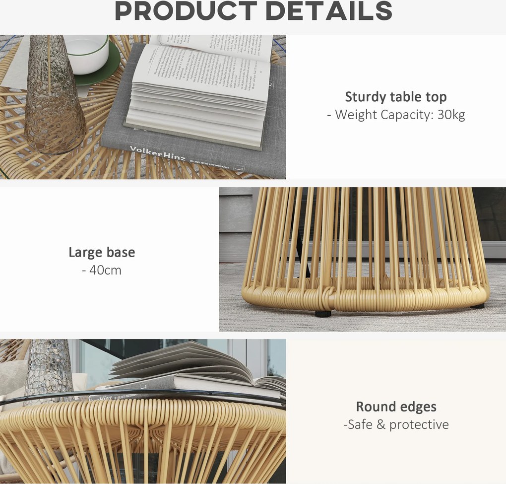 Outsunny Stolik Ogrodowy Stolik Rattanowy, Blat ze Szkła, PE-Rattan, 40 cm x 40 cm x 42 cm Beżowy