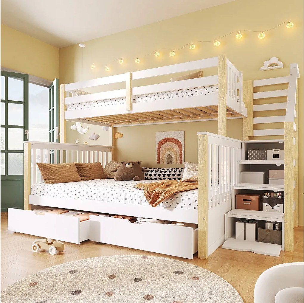 Łóżko piętrowe dla dzieci - 90 x 200 cm + 140 x 200 cm - z 2 szufladami + drabinka - drewno - białe