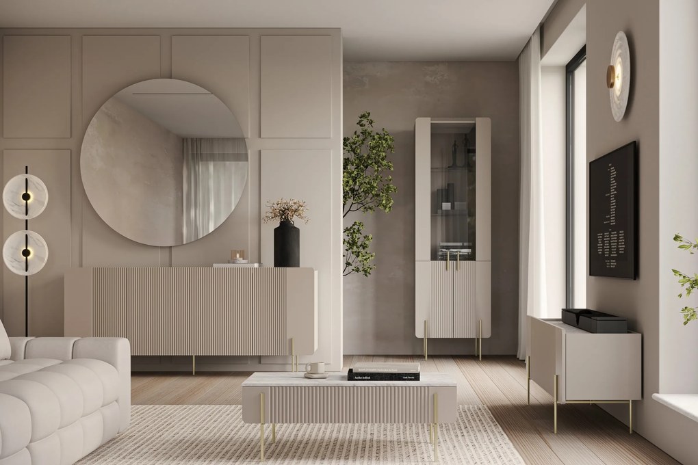 Stolik kawowy Malmi 100 cm z szufladami - kaszmir / crema bianca / złote nóżki