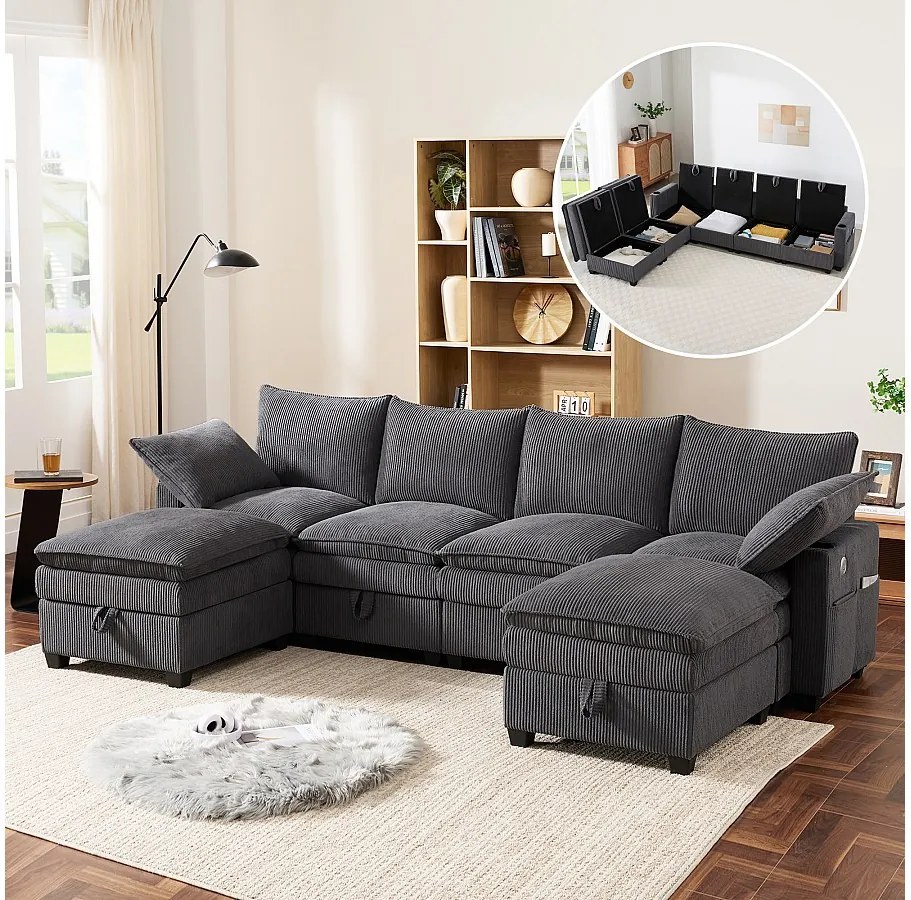 Modułowa sofa 6-osobowa z pojemnikiem na pościel + wyjmowany podnóżek + porty USB - 280 x 152 x 83 cm - Aksamit - szary