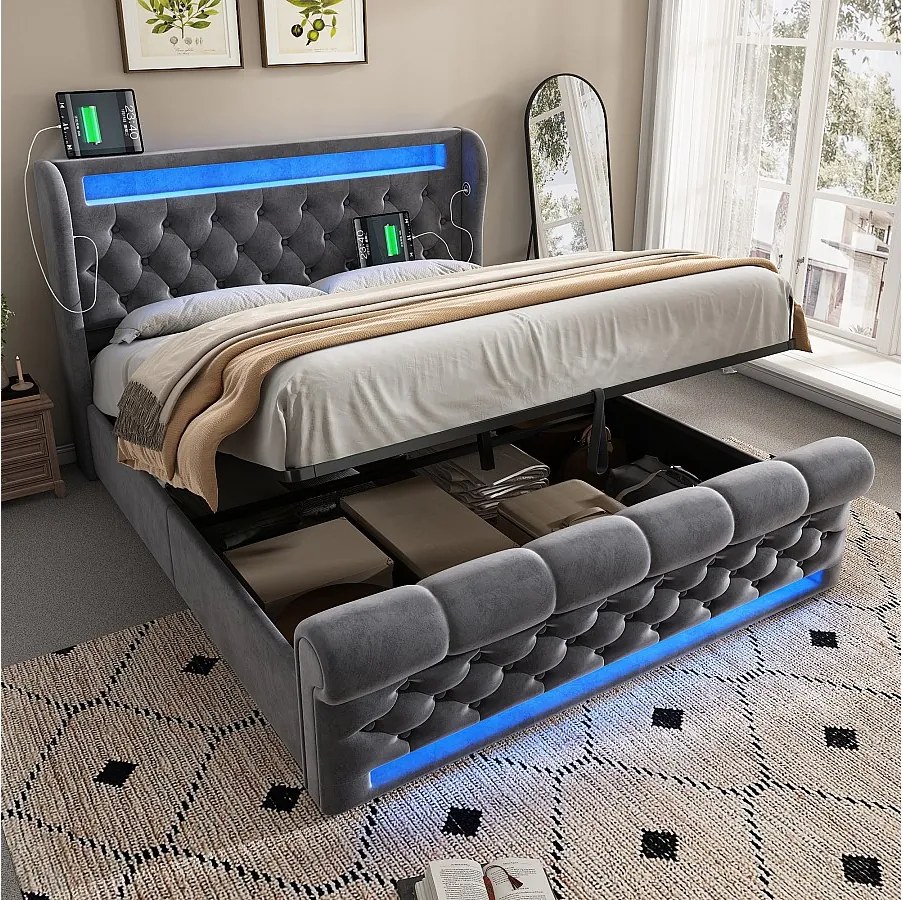 Łóżko z pojemnikiem 140 x 200 cm - Łóżko pojedyncze z ładowaniem USB i oświetleniem LED - szary aksamit - bez materaca