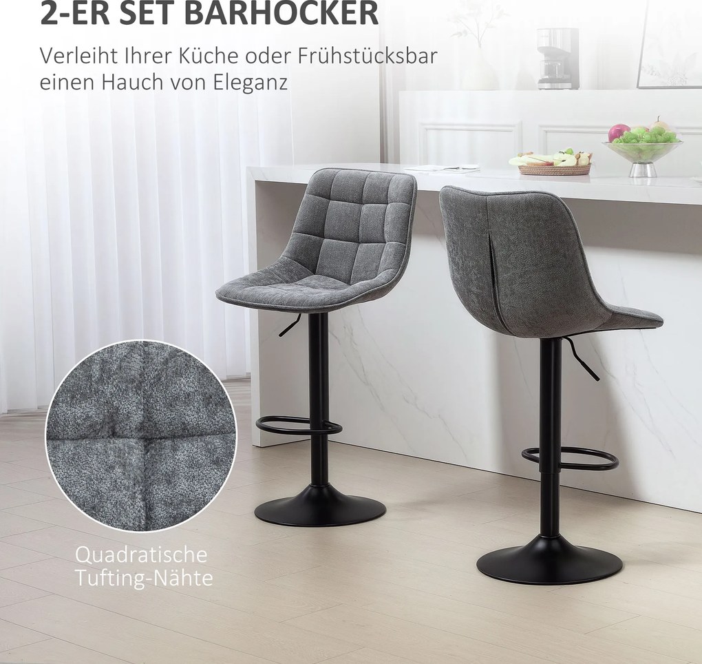 HOMCOM Nowoczesne Krzesła Barowe, Zestaw 2 szt. Z Opórką, Regulowane Wysokościowo, z Podnóżkiem, Obracane, Wyściełane, Ciemnoszary