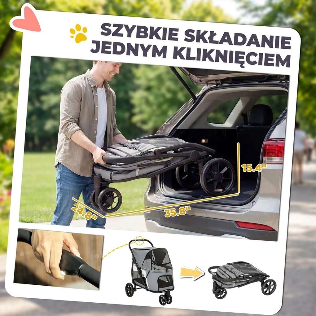 PawHut Wózek dla psa składany z zmywalną poduszką, oknami z siatki, 3 kołami, dla średnich psów do 20 kg, szary | Aosom PL